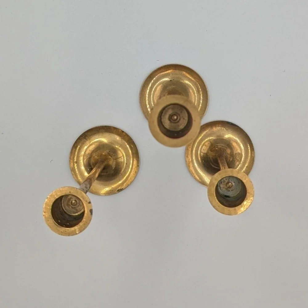 Vintage Brass Candlestick Set Gold Tapered Minimalist Staggered Heights 3pc